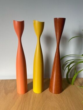 Vintage MCM Danish Tall Tulip Lacquered Wood Candle Holders